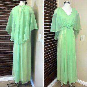 1970s 70s Vintage Angel Wing Empire Waist Sheer Maxi Dress Gown Wedding Prom